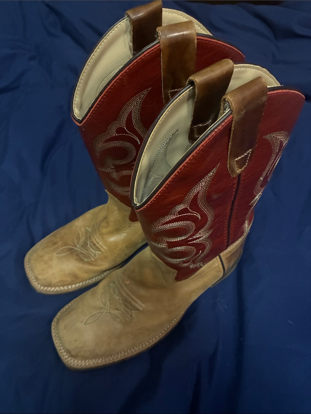 Old West Two-Tone Cowboy Boots - Red Shaft, Tan Foot